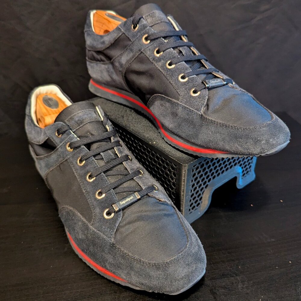 Zegna Sport Men Sneaker Lace Up Black Suede Red Accents Shoes Italy 11EU 12US